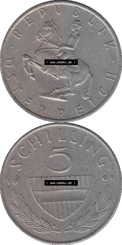 5 / Fünf Schilling Österreich in original Farbgebung von Scanner transparenten PNG 1968-2001, 5 Schilling 1969 (Stück 2), Reiter... Sammlung