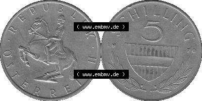 5 / Fünf Schilling Österreich in s/w Schwarzweiß bzw. Graustufen Farbgebung von Scanner transparenten PNG 1968-2001, 5 Schilling... Sammlung