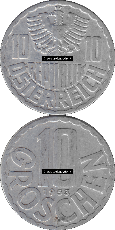 10 / Zehn Groschen Österreich in original Farbgebung von Scanner transparenten PNG 1951-2001, 10 Groschen 1953 (Stück 1) Sammlung