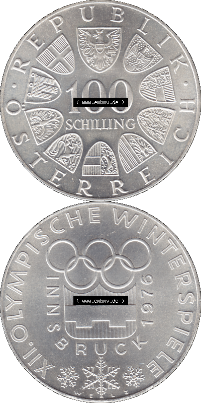100 / Einhundert Schilling Österreich auf original farbigen transparenten PNG-Bild 1976-1976, 100 Hundert Schilling, Emblem der... Sammlung