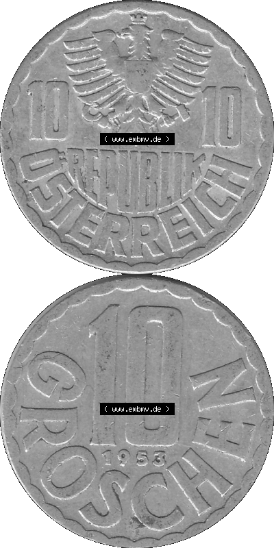 10 / Zehn Groschen Österreich in s/w Schwarzweiß bzw. Graustufen Farbgebung von Scanner transparenten PNG 1951-2001, 10 Groschen... Sammlung