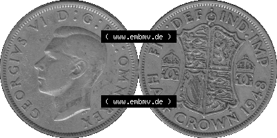 Alte Münze Großbritannien, Bild in s/w bzw. Graustufen PNG-Grafik 1947-1948, Halbe - 1/2 Krone, Half Crown 1948 (Stück 1),... Sammlung