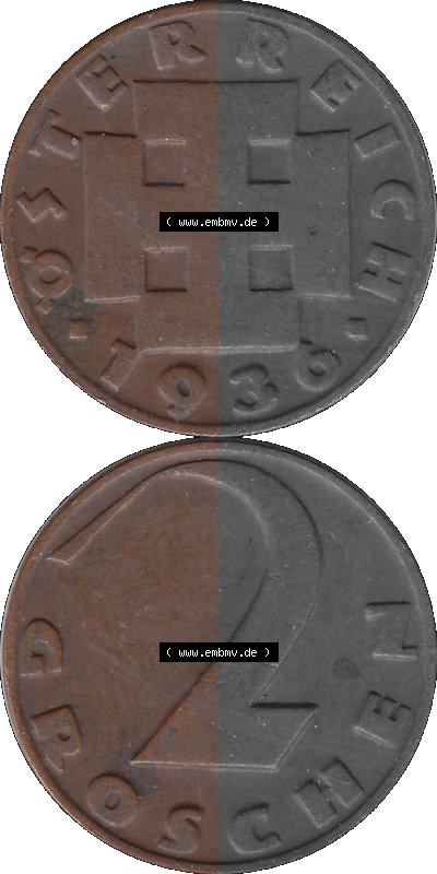 2 / Zwei Groschen Österreich in original Farbgebung von Scanner transparenten PNG 1925-1938, 2 Zwei Groschen, Krückenkreuz 1936... Sammlung