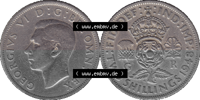 Alte Münze Großbritannien, Bild in Farbe bzw. Color PNG-Grafik, Umlaufmünze aus dem Zeitraum 1947-1948, 2 Schilling-Florin,... Sammlung