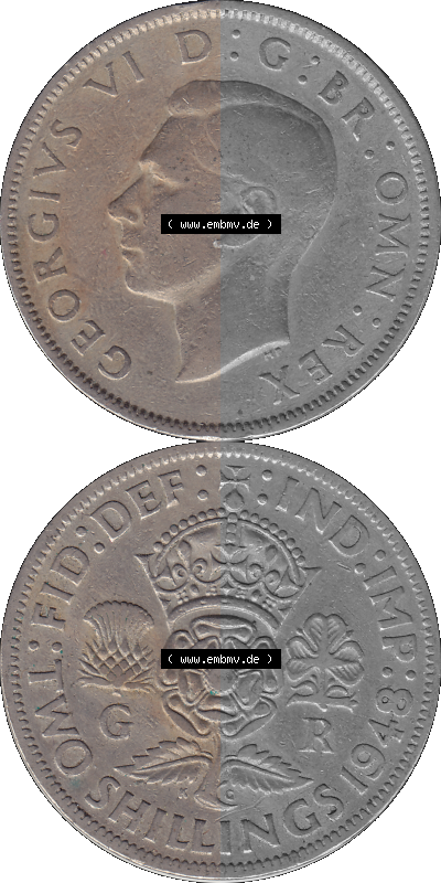 Alte Münze Großbritannien, Bild in Farbe bzw. Color PNG-Grafik, Umlaufmünze aus dem Zeitraum 1947-1948, 2 Schilling-Florin,... Sammlung