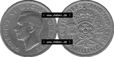 Alte Münze Großbritannien, Bild in s/w bzw. Graustufen PNG-Grafik, Umlaufmünze aus dem Zeitraum 1947-1948, 2 Schilling-Florin,... Sammlung