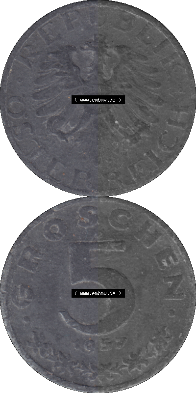 Österreich 5 / Fünf Groschen in Farbe/Color 1948-1994, 5 Groschen 1957 (Stück 1) Sammlung