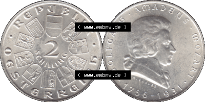 Österreich 1931-1931, 2 Schilling 1931 (Stück 1), Silbermünze Wolfgang Amadeus Mozart Sammlung
