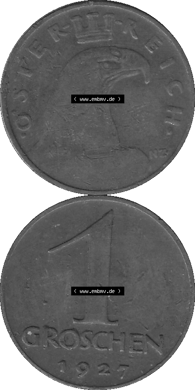1 / Ein Groschen Österreich in s/w Schwarzweiß bzw. Graustufen Farbgebung von Scanner transparenten PNG 1925-1938, 1-Ein Groschen,... Sammlung