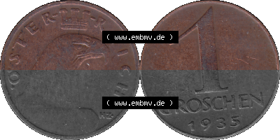 1 / Ein Groschen Österreich in original Farbgebung von Scanner transparenten PNG 1925-1938, 1-Ein Groschen, Adlerkopf mit Mauerkrone... Sammlung