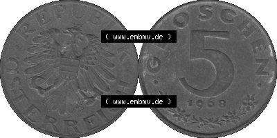 Österreich 5 / Fünf Groschen in s/w / grau / Graustufen 1948-1994, 5 Groschen 1968 (Stück 1) Graustufen Sammlung