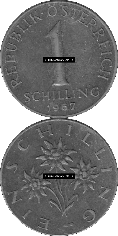 Österreich 1 / Ein Schilling in Graustufen 1959-2001, 1 Schilling 1967 (Stück 1), Ein Shilling Edelweiß Graustufen Sammlung