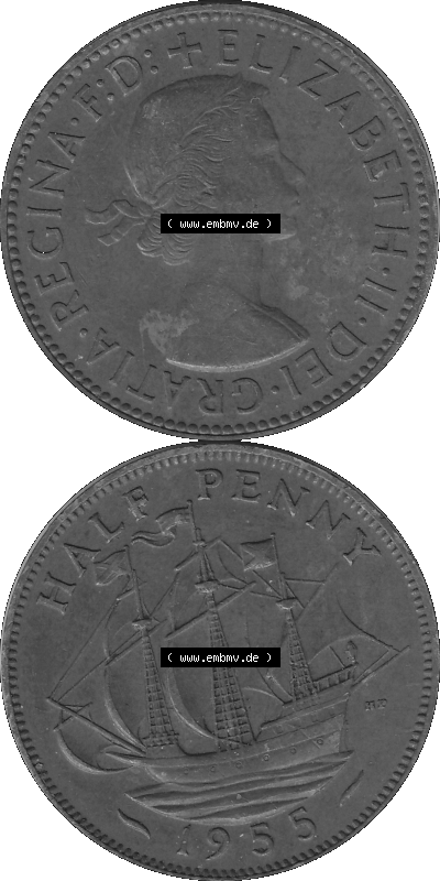 Großbritannien Umlaufmünze Half Penny, 1/2 Pence 1954-1970, Half Penny, Halber Pence 1955 (Stück 1), Elisabeth II. - Schriftzug... Sammlung