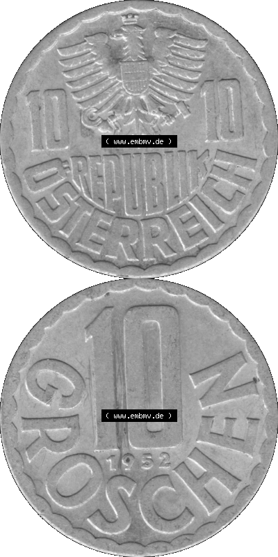 10 / Zehn Groschen Österreich in s/w Schwarzweiß bzw. Graustufen Farbgebung von Scanner transparenten PNG 1951-2001, 10 Groschen... Sammlung