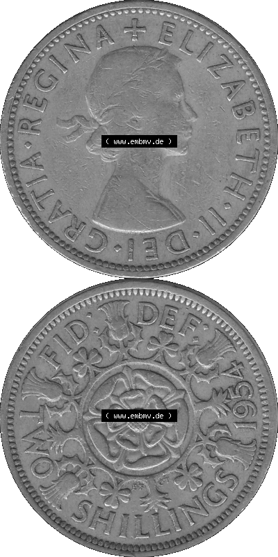 Alte Münze Großbritannien, Bild in s/w bzw. Graustufen PNG-Grafik, Umlaufmünze aus dem Zeitraum 1954-1970, 2 Schilling-Florin,... Sammlung