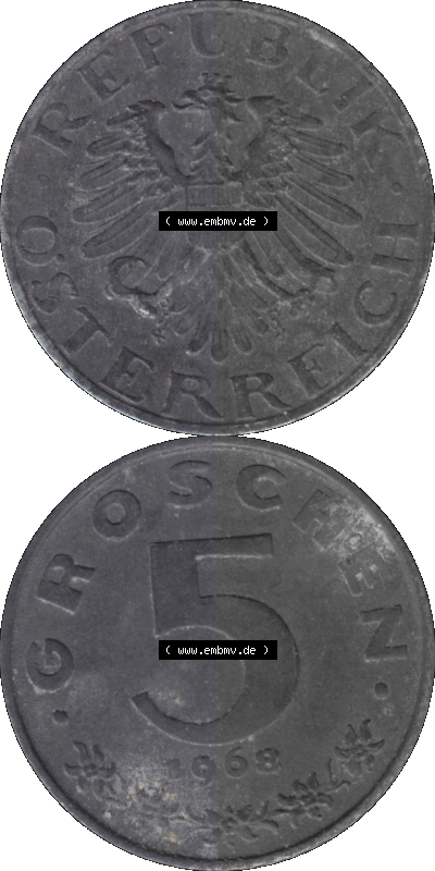 Österreich 5 / Fünf Groschen in Farbe/Color 1948-1994, 5 Groschen 1968 (Stück 2) Sammlung