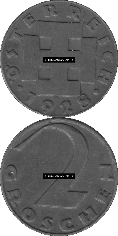 2 / Zwei Groschen Österreich in s/w Schwarzweiß bzw. Graustufen Farbgebung von Scanner transparenten PNG 1925-1938, 2 Zwei Groschen,... Sammlung