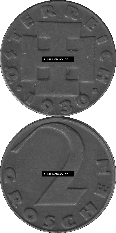 2 / Zwei Groschen Österreich in s/w Schwarzweiß bzw. Graustufen Farbgebung von Scanner transparenten PNG 1925-1938, 2 Zwei Groschen,... Sammlung