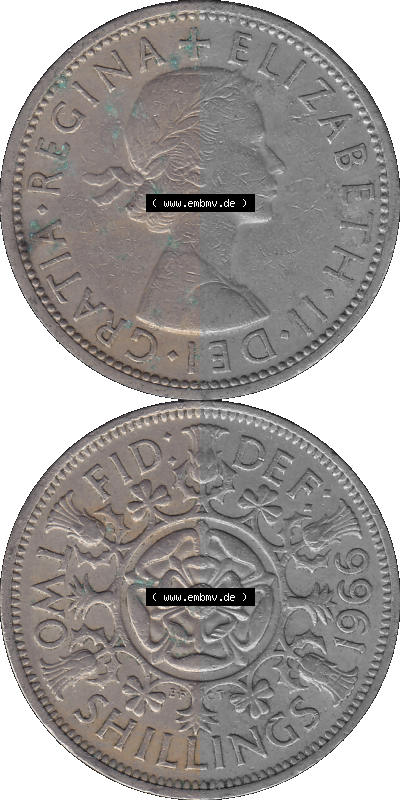 Alte Münze Großbritannien, Bild in Farbe bzw. Color PNG-Grafik, Umlaufmünze aus dem Zeitraum 1954-1970, 2 Schilling-Florin,... Sammlung