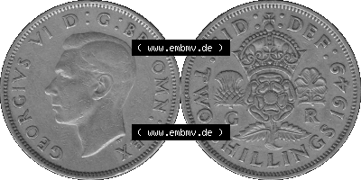 Alte Münze Großbritannien, Bild in s/w bzw. Graustufen PNG-Grafik, Umlaufmünze aus dem Zeitraum 1949-1951, 2 Schilling-Florin,... Sammlung