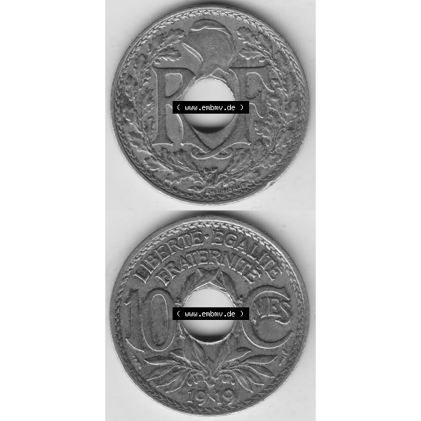 Grau bzw. s/w Münze Frankreich Umlaufmünzen Sammlung in PNG 1917-1938, 10 Centimes, RF - Frankreich 10 CMES EGALITÉ FRATERNITÉ LIBERTÉ 1919-1 (4) - Digitales Münzen-Bildmaterial... Sammlung Graustufen