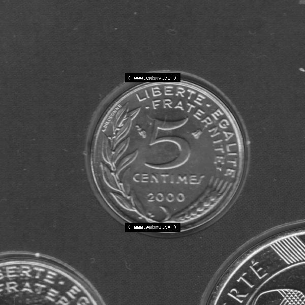Grau bzw. s/w Münze Frankreich Umlaufmünzen Sammlung in PNG 2000, 5 Centimes (1) - Digitales Münzen-Bildmaterial einer französischen Francs Münze aus Frankreich in farbige mit... Sammlung Graustufen