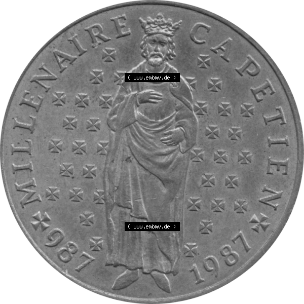 Grau bzw. s/w Münze Frankreich Umlaufmünzen Sammlung in PNG 1987-1987, 10 Francs 1000 Jahre König Hugo Capet erster König von Frankreich 1987-01 (6) - Digitales Münzen-Bildmaterial... Sammlung Graustufen