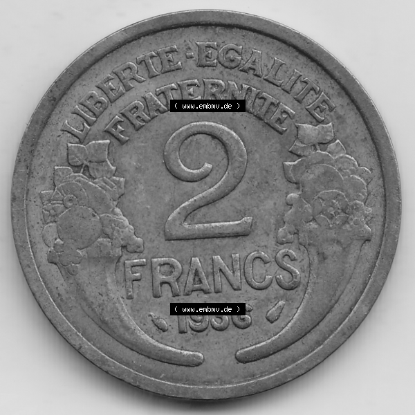 Grau bzw. s/w Münze Frankreich Umlaufmünzen Sammlung in PNG 1931-1941, 2 Franken 1936-1 LIBERTE EGALITE FRATERNITE (2) - Digitales Münzen-Bildmaterial einer französischen Francs Münze... Sammlung Graustufen