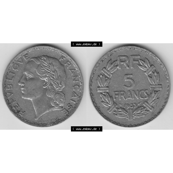 Grau bzw. s/w Münze Frankreich Umlaufmünzen Sammlung in PNG 1933-1938, 5 Franken - Francs RF 1933 (3) - Digitales Münzen-Bildmaterial einer französischen Francs Münze aus Frankreich... Sammlung Graustufen