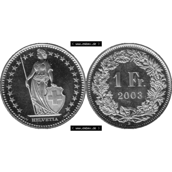 Grau bzw. s/w Alte Münze KMS Schweiz in original Farbgebung vom Scanner transparenten PNG 1983-2018, 1 Franken 2003. Vorderseite und Rückseite der Münze aus der Schweiz horizontal auf einen... Sammlung Graustufen