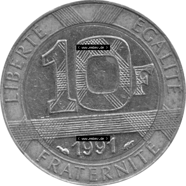 Grau bzw. s/w Münze Frankreich Umlaufmünzen Sammlung in PNG 1991-1991, 10 Francs-01 1991-01 (5) - Digitales Münzen-Bildmaterial einer französischen Francs Münze aus Frankreich... Sammlung Graustufen