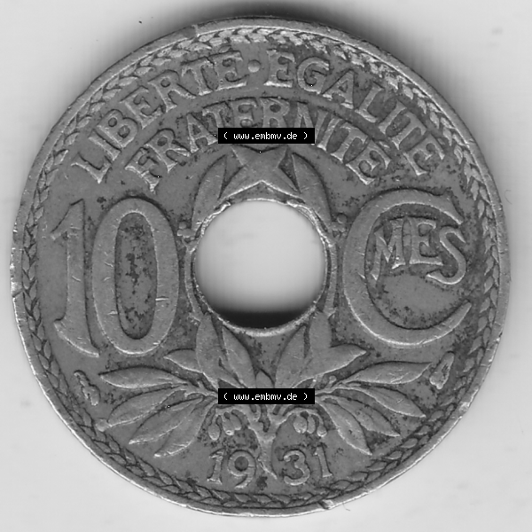 Grau bzw. s/w Münze Frankreich Umlaufmünzen Sammlung in PNG 1917-1938, 10 Centimes, RF - Frankreich 10 CMES EGALITÉ FRATERNITÉ LIBERTÉ 1931-1 (2) - Digitales Münzen-Bildmaterial... Sammlung Graustufen