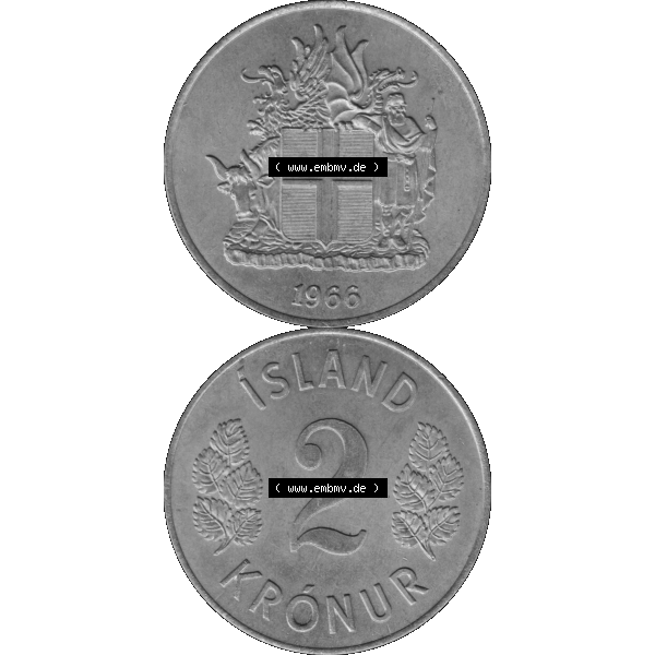 Grau bzw. s/w Alte Münze Island Umlaufmünze 1958-1966, 2 KR Kronur, Kronen 1966-01. Vorderseite und Rückseite der Münze, Umlaufmünze / Kursmünze Island vertikal... Sammlung Graustufen