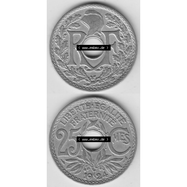 Grau bzw. s/w Münze Frankreich Umlaufmünzen Sammlung in PNG 1917-1937, 25 Cmes, Centimes 1924-1 LIBERTE EGALITE FRATERNITE (4) - Digitales Münzen-Bildmaterial einer französischen... Sammlung Graustufen