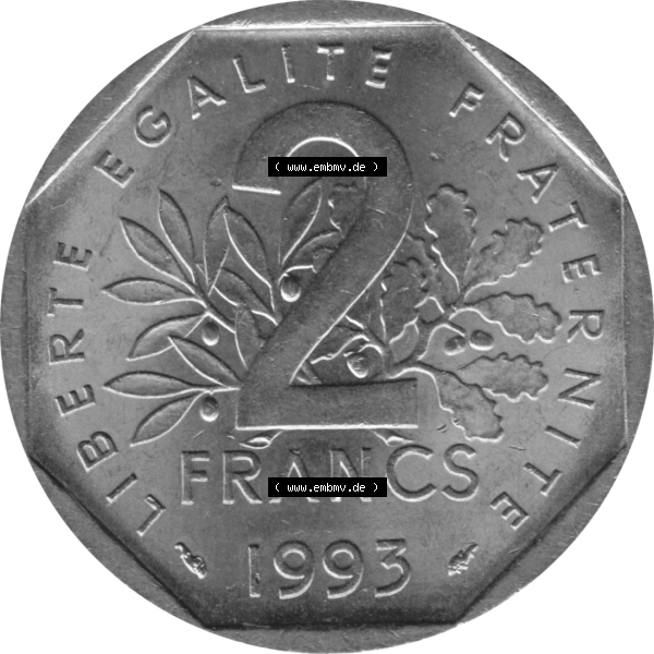 Grau bzw. s/w Münze Frankreich Umlaufmünzen Sammlung in PNG 1993-1993, 2 Francs Jean Moulin 1993-01 (5) - Digitales Münzen-Bildmaterial einer französischen Francs Münze aus Frankreich... Sammlung Graustufen