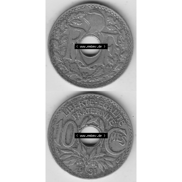 Grau bzw. s/w Münze Frankreich Umlaufmünzen Sammlung in PNG 1917-1938, 10 Centimes, RF - Frankreich 10 CMES EGALITÉ FRATERNITÉ LIBERTÉ 1931-2 (4) - Digitales Münzen-Bildmaterial... Sammlung Graustufen
