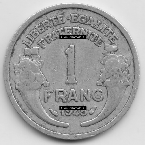 Grau bzw. s/w Münze Frankreich Umlaufmünzen Sammlung in PNG 1941-1959, 1 Franken - Francs 1945 (2) - Digitales Münzen-Bildmaterial einer französischen Francs Münze aus Frankreich... Sammlung Graustufen