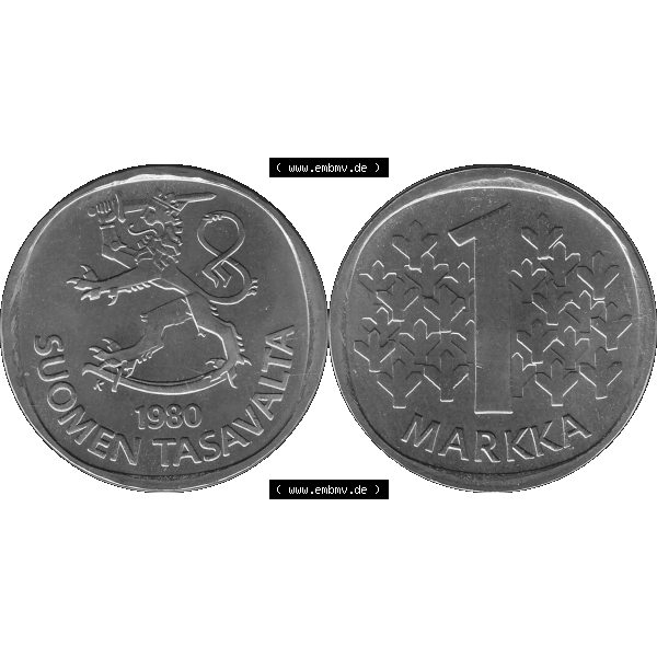 Grau bzw. s/w Alte Münzen KMS Finnland, Kursmünzensatz 1980 in Stempelglanz als digitales Computerbild in transparenten PNG 1969-1993, 1 Markka, Eine finnische Mark 1980-01, SUOMEN... Sammlung Graustufen