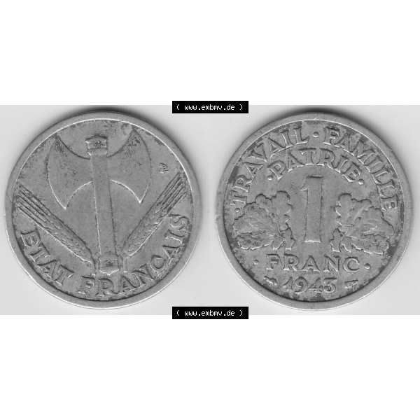 Grau bzw. s/w Münze Frankreich Umlaufmünzen Sammlung in PNG 1942-1944, 1 Franken - Francs 1943-1 (3) - Digitales Münzen-Bildmaterial einer französischen Francs Münze aus Frankreich... Sammlung Graustufen