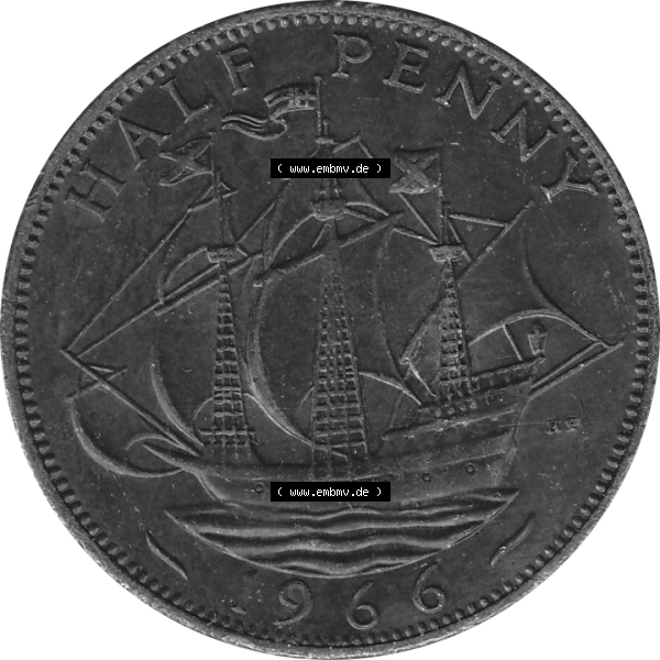 Grau bzw. s/w Münzen Großbritannien Umlaufmünzen Sammlung in PNG Großbritannien 1954-1970, Half Penny, Halber Pence 1966-02, Elisabeth II. (6) - Digitales Münzen-Bildmaterial... Sammlung Graustufen
