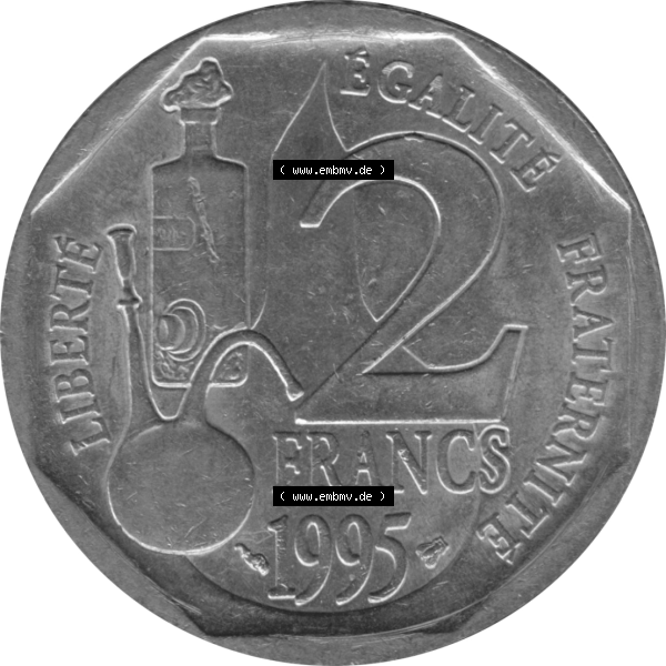Grau bzw. s/w Münze Frankreich Umlaufmünzen Sammlung in PNG 1995-1995, 2 France Louis Rasteur 1995-01 (5) - Digitales Münzen-Bildmaterial einer französischen Francs Münze aus... Sammlung Graustufen
