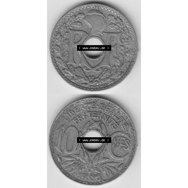 Grau bzw. s/w Münze Frankreich Umlaufmünzen Sammlung in PNG 1917-1938, 10 Centimes - Cmes 1935-2 (4) - Digitales Münzen-Bildmaterial einer französischen Francs Münze aus Frankreich... Sammlung Graustufen