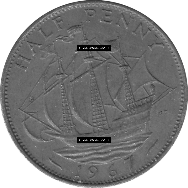Grau bzw. s/w Münzen Großbritannien Umlaufmünzen Sammlung in PNG Großbritannien 1954-1970, Half Penny, Halber Pence 1967-01, Elisabeth II. (6) - Digitales Münzen-Bildmaterial... Sammlung Graustufen