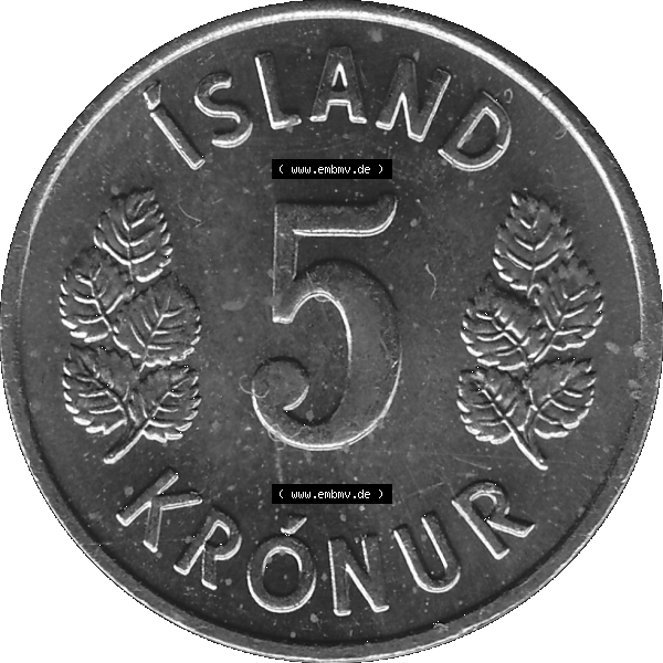 Grau bzw. s/w Alte Münze Island Umlaufmünze 1969-1980, 5 Kronur 1973-01, 5 Isländische Kronen. Rückseite der alten Münze, Umlaufmünze aus Island, Münze... Sammlung Graustufen