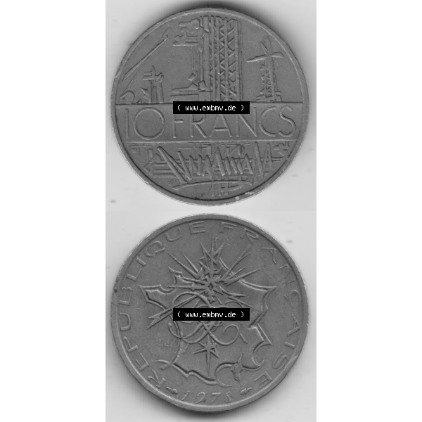 Grau bzw. s/w Münze Frankreich Umlaufmünzen Sammlung in PNG 1974-1987, 10 Franken-Francs 1978 I. (4) - Digitales Münzen-Bildmaterial einer französischen Francs Münze aus... Sammlung Graustufen