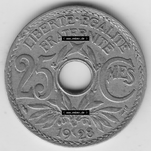 Grau bzw. s/w Münze Frankreich Umlaufmünzen Sammlung in PNG 1917-1937, 25 Cmes, Centimes 1928-1 LIBERTE EGALITE FRATERNITE (2) - Digitales Münzen-Bildmaterial einer französischen... Sammlung Graustufen