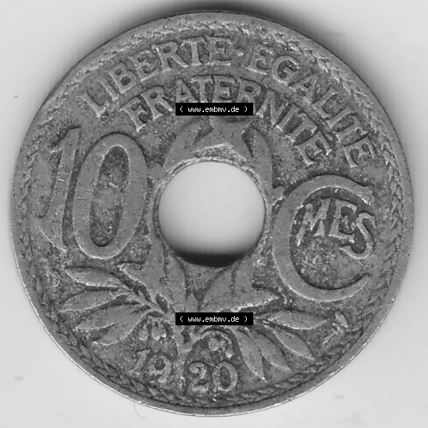 Grau bzw. s/w Münze Frankreich Umlaufmünzen Sammlung in PNG 1917-1938, 10 Centimes - Cmes 1920-2 (2) - Digitales Münzen-Bildmaterial einer französischen Francs Münze aus Frankreich... Sammlung Graustufen