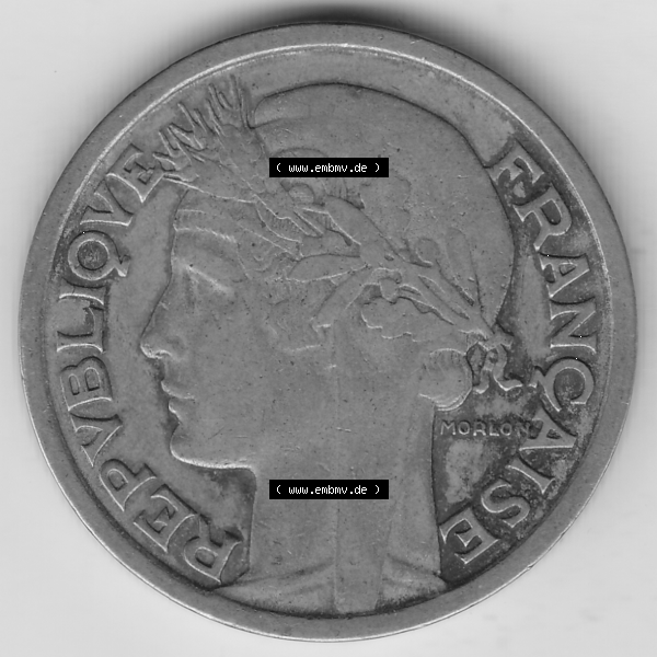 Grau bzw. s/w Münze Frankreich Umlaufmünzen Sammlung in PNG 1931-1941, 2 Franken 1939-1 LIBERTE EGALITE FRATERNITE (1) - Digitales Münzen-Bildmaterial einer französischen Francs Münze... Sammlung Graustufen