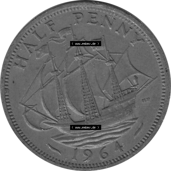 Grau bzw. s/w Münzen Großbritannien Umlaufmünzen Sammlung in PNG Großbritannien 1954-1970, Half Penny, Halber Pence 1964-03, Elisabeth II. (6) - Digitales Münzen-Bildmaterial... Sammlung Graustufen