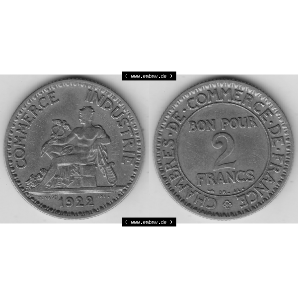 Grau bzw. s/w Münze Frankreich Umlaufmünzen Sammlung in PNG 1920-1927, 2 Francs - Franken 1922-1 (3) - Digitales Münzen-Bildmaterial einer französischen Francs Münze aus Frankreich... Sammlung Graustufen